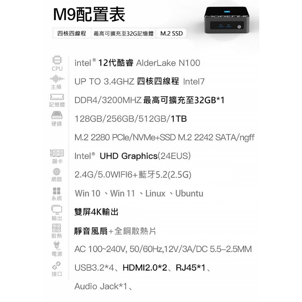 【買就送無線充電器快充版】MOREFINE M9 迷你電腦(Intel N100 3.4GHz) - 32G/1TB-細節圖8