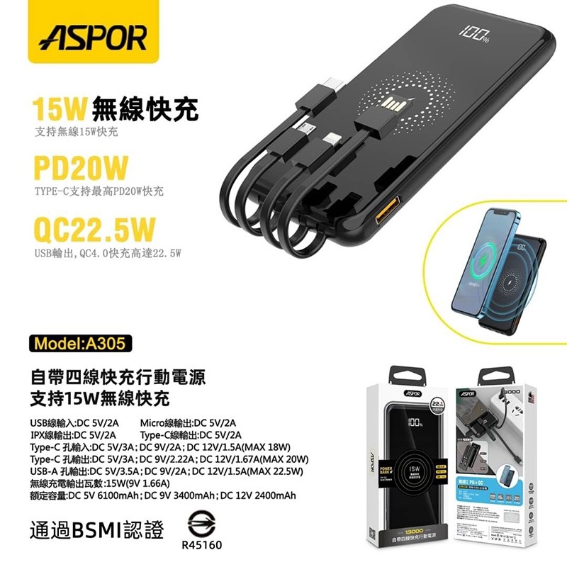 ASPOR A305 PD+QC 自帶線行動源(13000mAh)-細節圖7