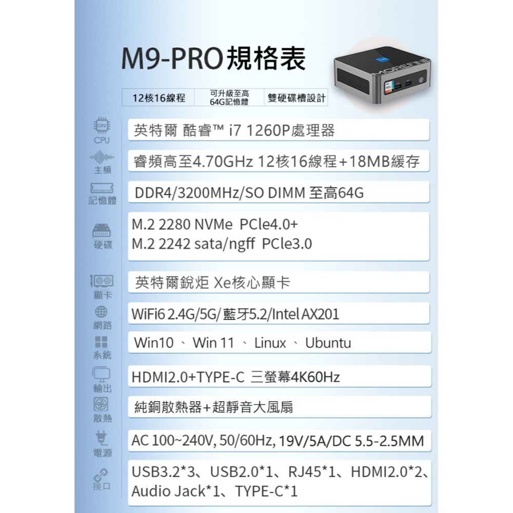 MOREFINE M9 Pro 迷你電腦(Intel Core i7-1260P) - 8G/512G 迷你主機-細節圖6