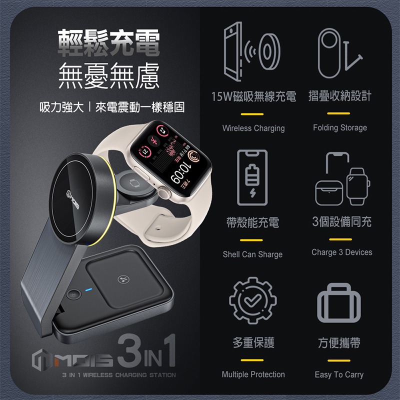 MOIS 摩世 三合一磁吸無線充電座 iPhone MagSafe AirPods Pro Apple Watch-細節圖2