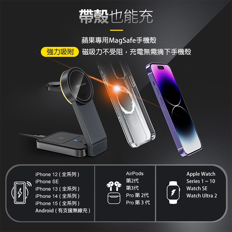 MOIS 摩世 三合一磁吸無線充電座 iPhone MagSafe AirPods Pro Apple Watch-細節圖6