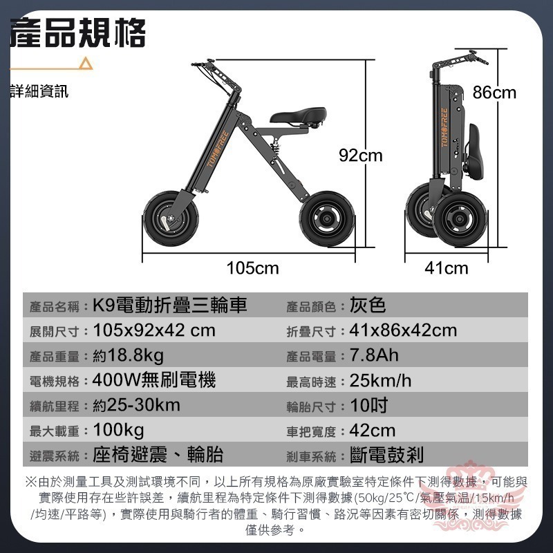 ♕京軒♕K9電動三輪車 電動車《倒車設計+10吋大胖胎》30公里版 五重避震 三秒收納 折疊車 三輪車 代步車-細節圖11