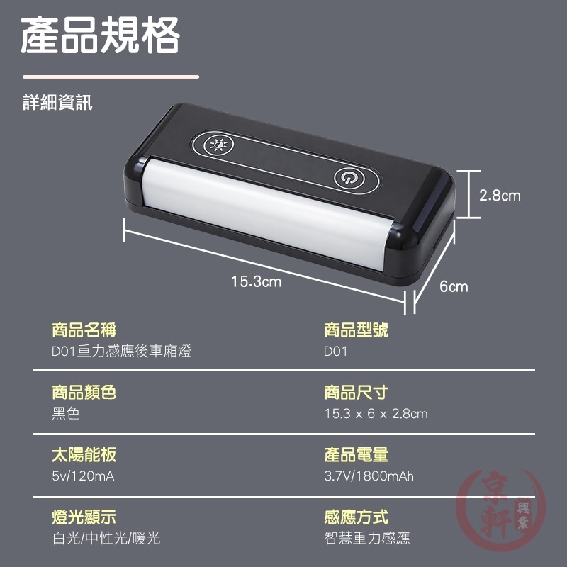 ♕京軒♕重力感應後車廂燈 後備箱燈 即開即亮 感應燈 LED磁吸燈 車內照明 露營燈 太陽能+Type-C充電-細節圖9