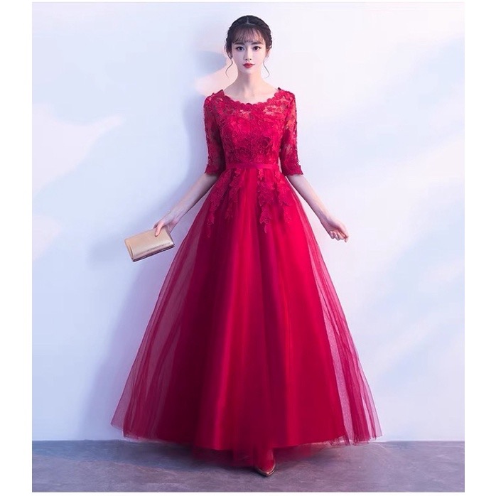 ❤️現貨在台，黑S.M 網紗 蕾絲 蓬蓬裙 敬酒 新娘 結婚 禮服 高貴 紅 氣質 婚禮 伴娘 顯瘦 蕾絲 長裙-細節圖2