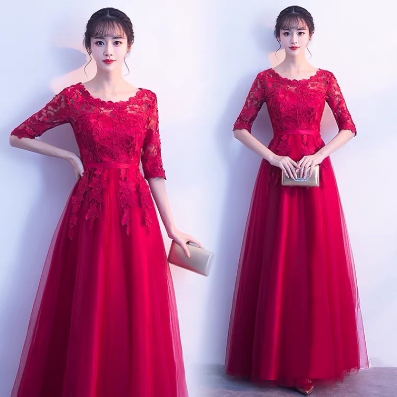 ❤️現貨在台，黑S.M 網紗 蕾絲 蓬蓬裙 敬酒 新娘 結婚 禮服 高貴 紅 氣質 婚禮 伴娘 顯瘦 蕾絲 長裙-細節圖5