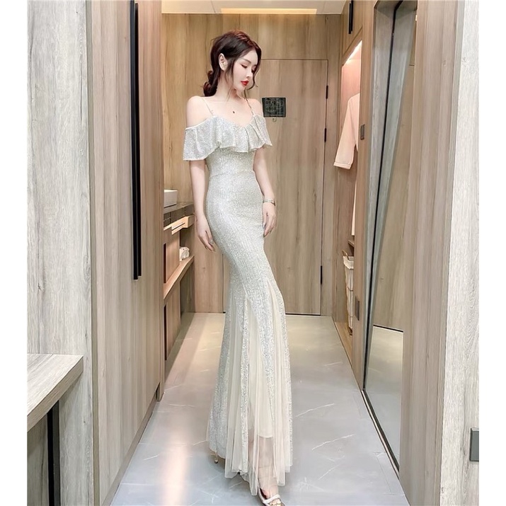 ❤️現貨在台，金S-L黑S 高端 一字領 露肩 包臀 魚尾 禮服 宴會 氣質 主持人 重工 亮片 長裙 連衣裙 洋裝-細節圖2