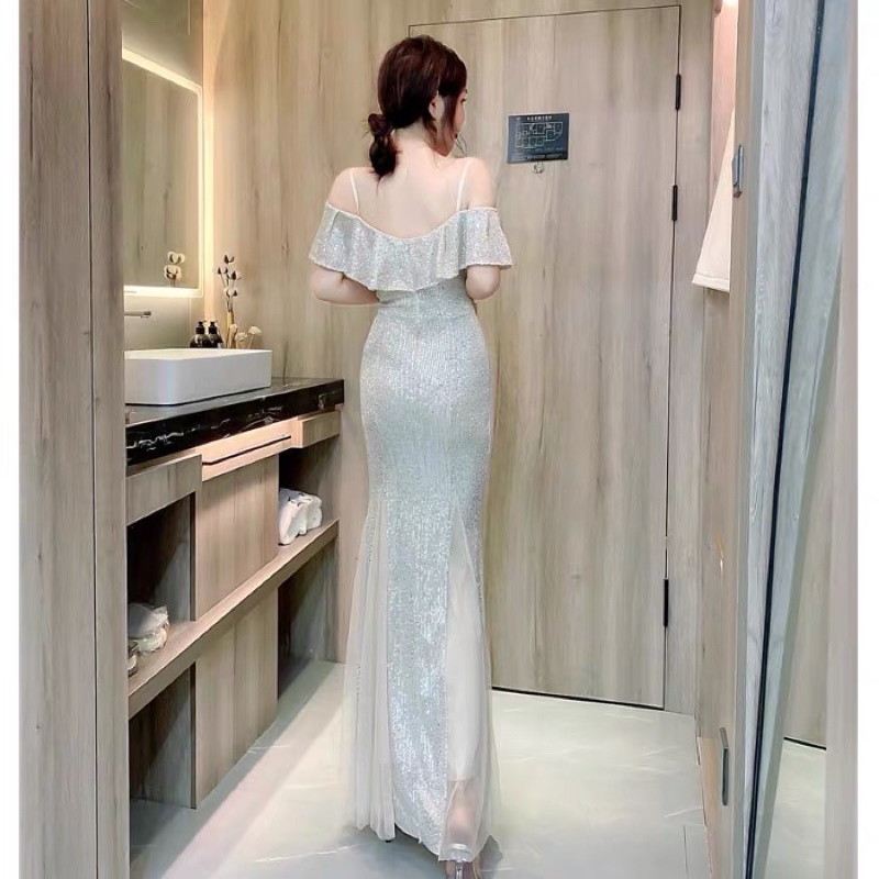 ❤️現貨在台，金S-L黑S 高端 一字領 露肩 包臀 魚尾 禮服 宴會 氣質 主持人 重工 亮片 長裙 連衣裙 洋裝-細節圖3