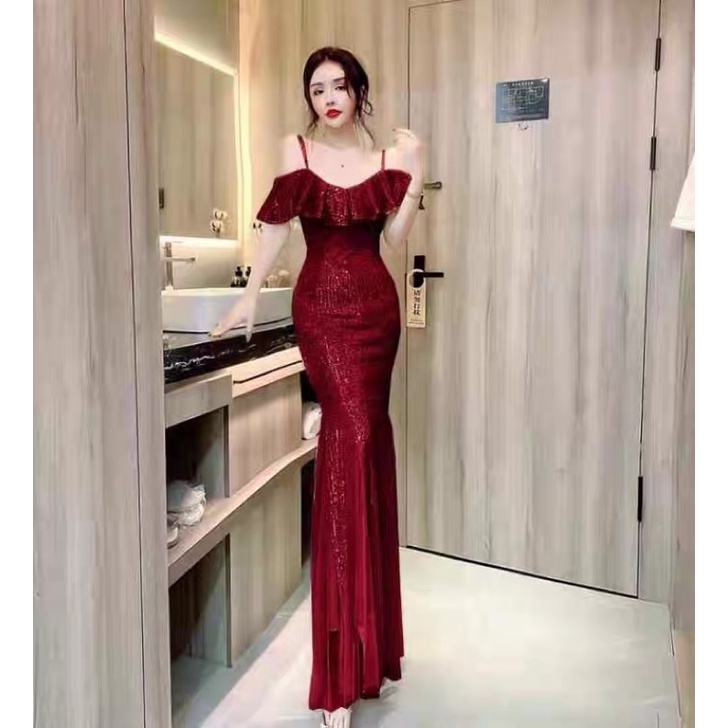 ❤️現貨在台，金S-L黑S 高端 一字領 露肩 包臀 魚尾 禮服 宴會 氣質 主持人 重工 亮片 長裙 連衣裙 洋裝-細節圖4