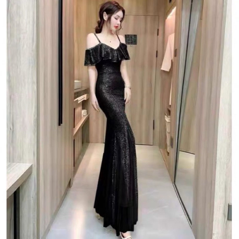 ❤️現貨在台，金S-L黑S 高端 一字領 露肩 包臀 魚尾 禮服 宴會 氣質 主持人 重工 亮片 長裙 連衣裙 洋裝-細節圖5