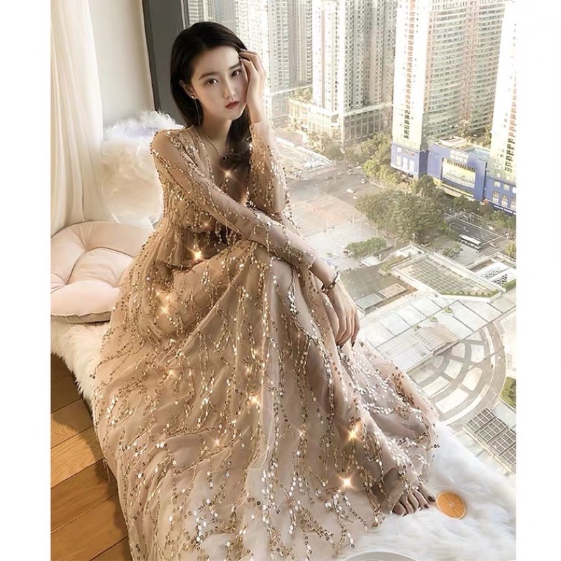 ❤️現貨在台，S.M 金 高質感 設計感 仙女 名媛 氣質 露背 亮片 網紗 長袖 連衣裙 禮服 長裙 洋裝-細節圖2