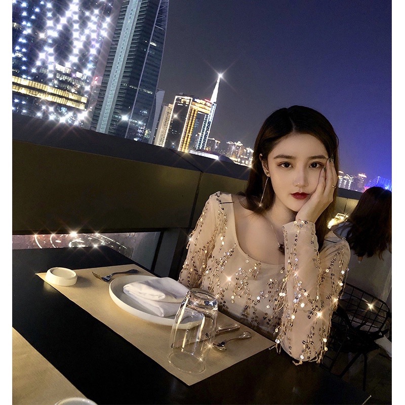 ❤️現貨在台，S.M 金 高質感 設計感 仙女 名媛 氣質 露背 亮片 網紗 長袖 連衣裙 禮服 長裙 洋裝-細節圖4