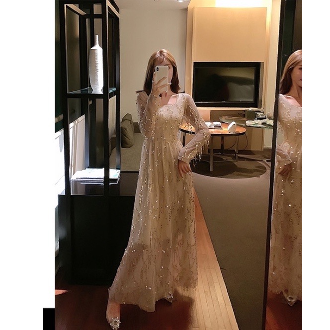 ❤️現貨在台，S.M 金 高質感 設計感 仙女 名媛 氣質 露背 亮片 網紗 長袖 連衣裙 禮服 長裙 洋裝-細節圖6