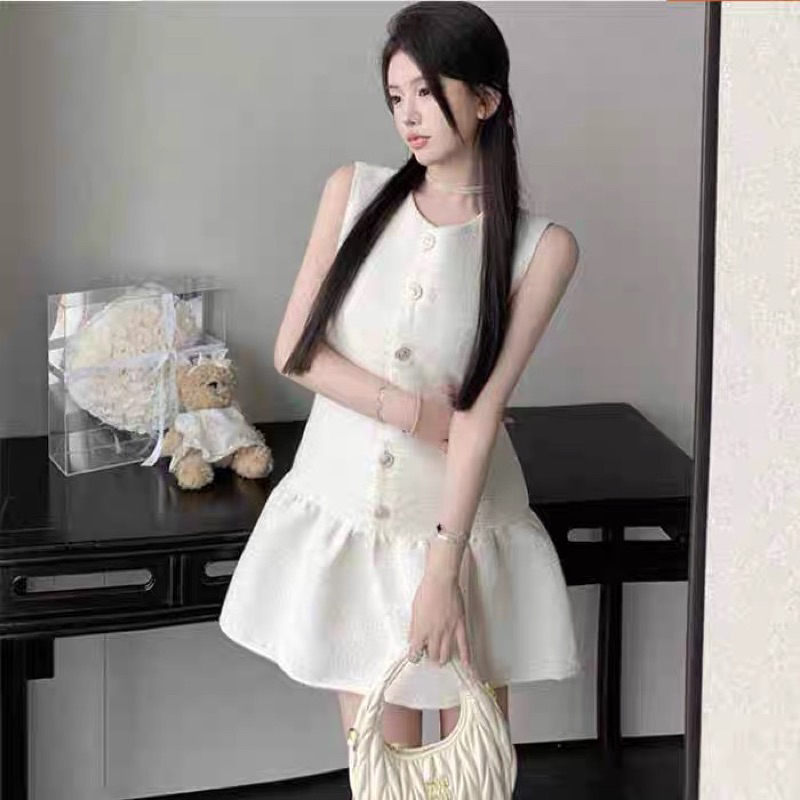 ❤️現貨在台，適合S-L 可愛 亞麻 休閒 背心裙 寬鬆 洋裝 清新 小個子 百搭 小眾 小香風 無袖 連衣裙 魚尾-細節圖3