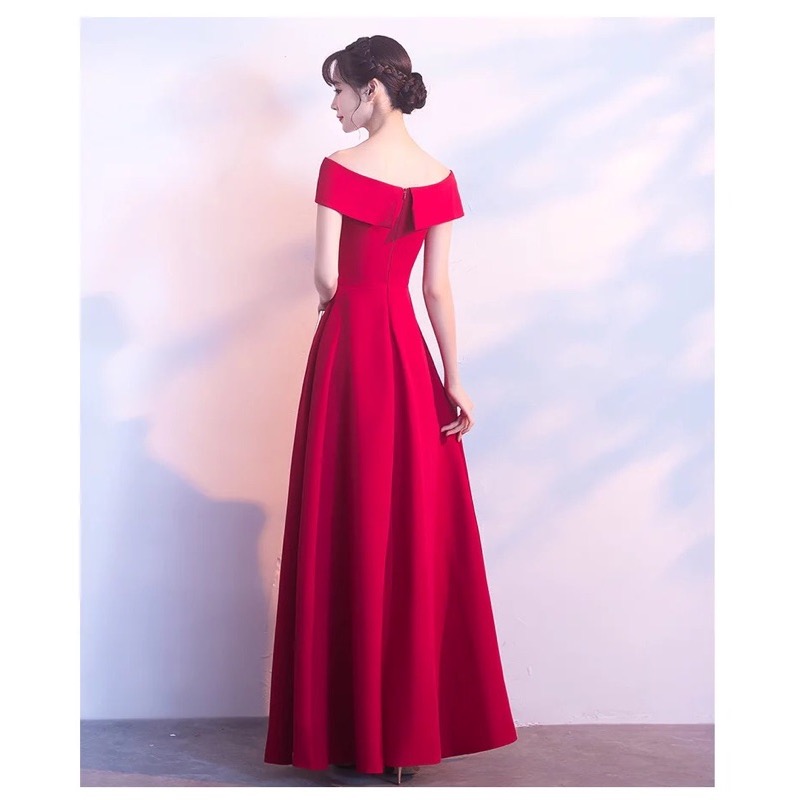 ❤️現貨在台，紅.黑S- 2XL 性感 一字領 宴會 禮服 長裙 修身 顯瘦 大擺 連衣裙 洋裝 喜宴 伴娘 新娘 大紅-細節圖2