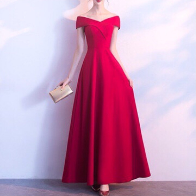 ❤️現貨在台，紅.黑S- 2XL 性感 一字領 宴會 禮服 長裙 修身 顯瘦 大擺 連衣裙 洋裝 喜宴 伴娘 新娘 大紅-細節圖5