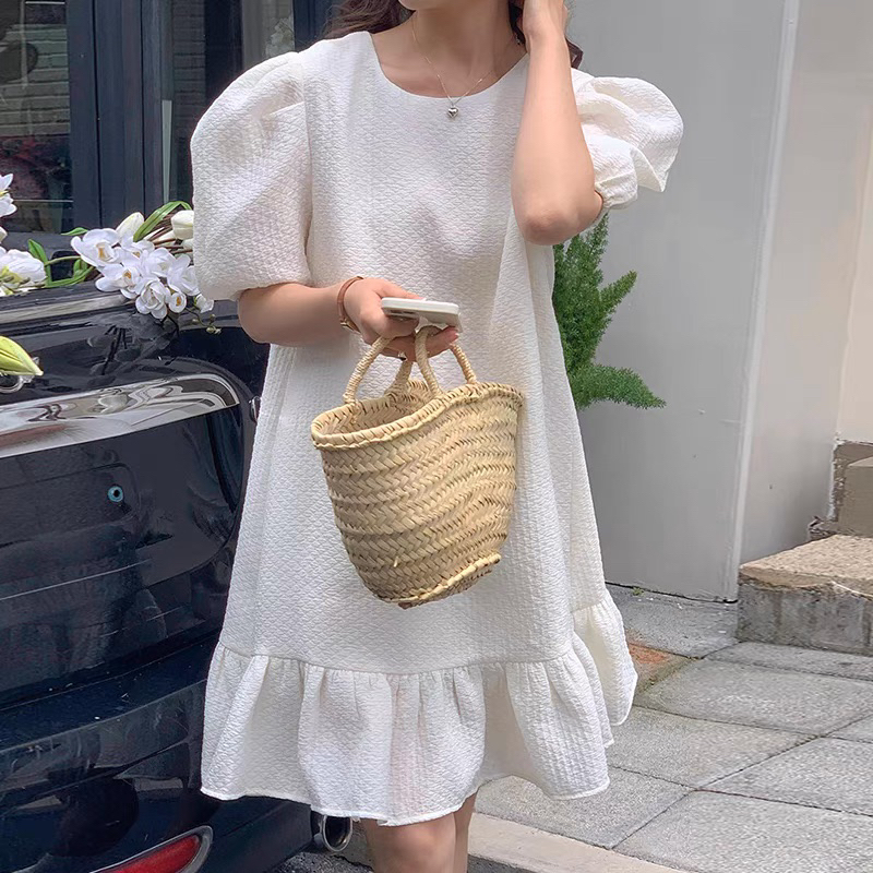 ❤️現貨在台，粉.白 法式 高質感 氣質 華夫格 公主袖 寬鬆 小個子 泡泡袖 魚尾 連衣裙 洋裝 可愛 休閒 野餐-細節圖2