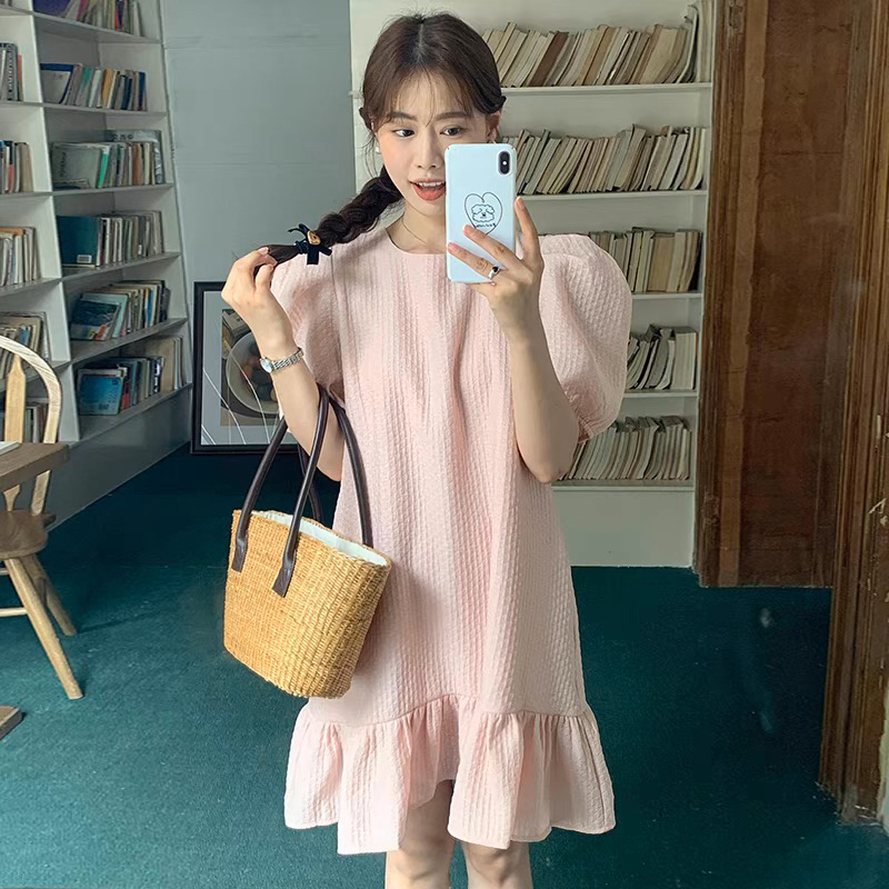 ❤️現貨在台，粉.白 法式 高質感 氣質 華夫格 公主袖 寬鬆 小個子 泡泡袖 魚尾 連衣裙 洋裝 可愛 休閒 野餐-細節圖5