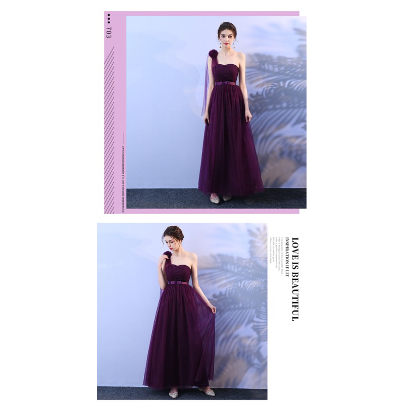 ❤️現貨在台，深紫XS.S.M 一字領 單肩 露肩 美肩 女神 新娘 婚宴 顯瘦 伴娘 結婚 主持人 年會 長裙 禮服-細節圖4