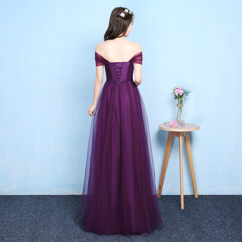 ❤️現貨在台，深紫XS.S.M 一字領 單肩 露肩 美肩 女神 新娘 婚宴 顯瘦 伴娘 結婚 主持人 年會 長裙 禮服-細節圖5