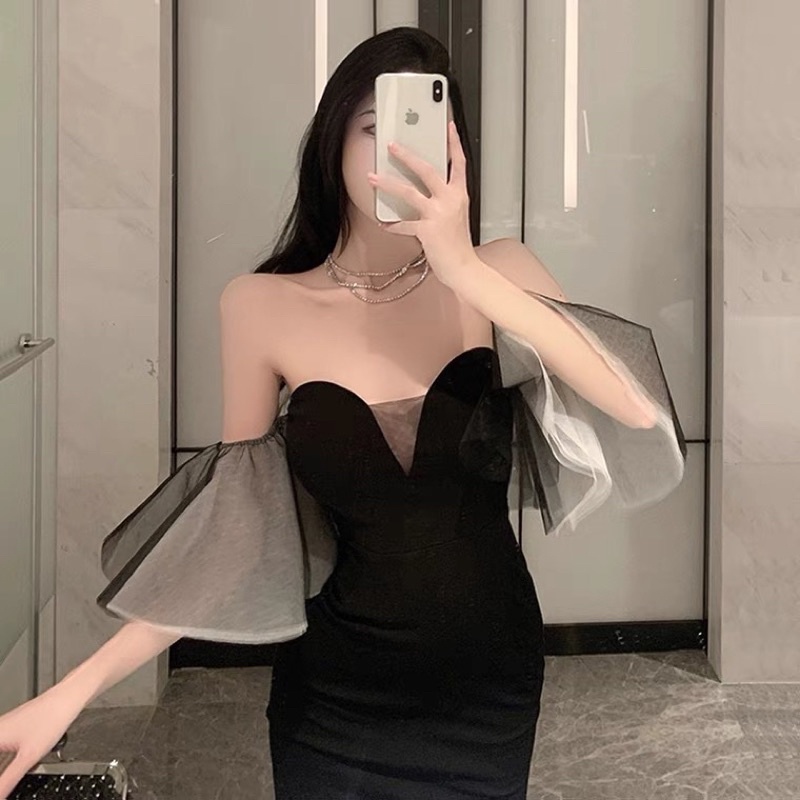 ❤️現貨在台，S-L 赫本風 氣質 輕奢 小眾 高質感 法式 性感 抹胸 連衣裙 一字領 平口 包臀 拼接 長裙-細節圖2