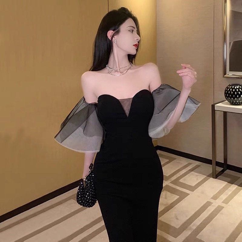 ❤️現貨在台，S-L 赫本風 氣質 輕奢 小眾 高質感 法式 性感 抹胸 連衣裙 一字領 平口 包臀 拼接 長裙-細節圖3