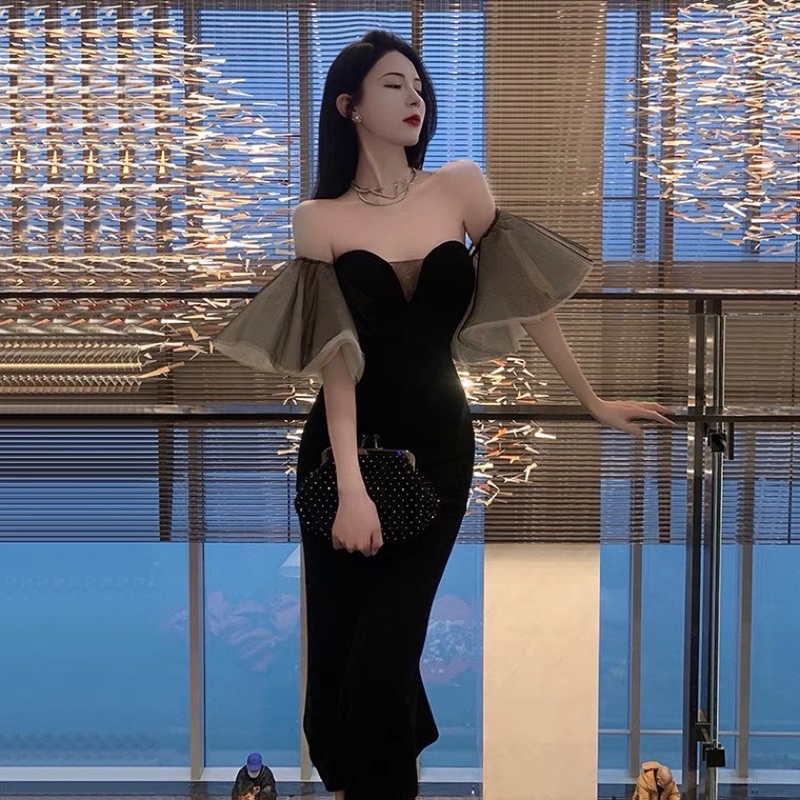 ❤️現貨在台，S-L 赫本風 氣質 輕奢 小眾 高質感 法式 性感 抹胸 連衣裙 一字領 平口 包臀 拼接 長裙-細節圖5