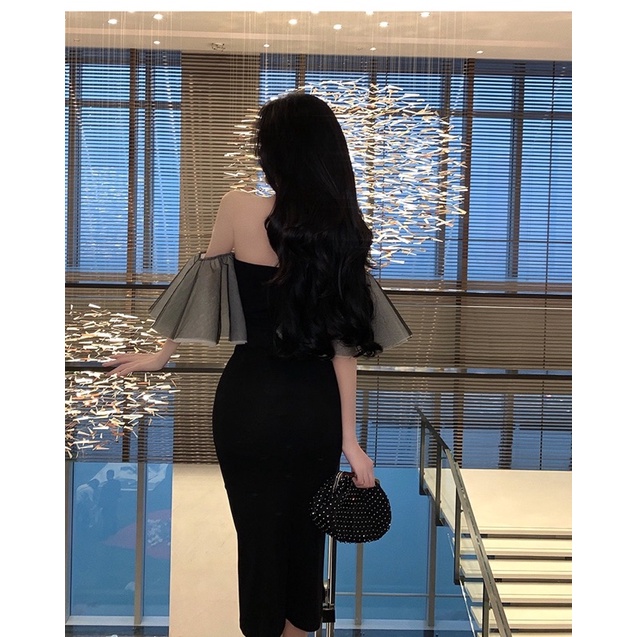 ❤️現貨在台，S-L 赫本風 氣質 輕奢 小眾 高質感 法式 性感 抹胸 連衣裙 一字領 平口 包臀 拼接 長裙-細節圖6