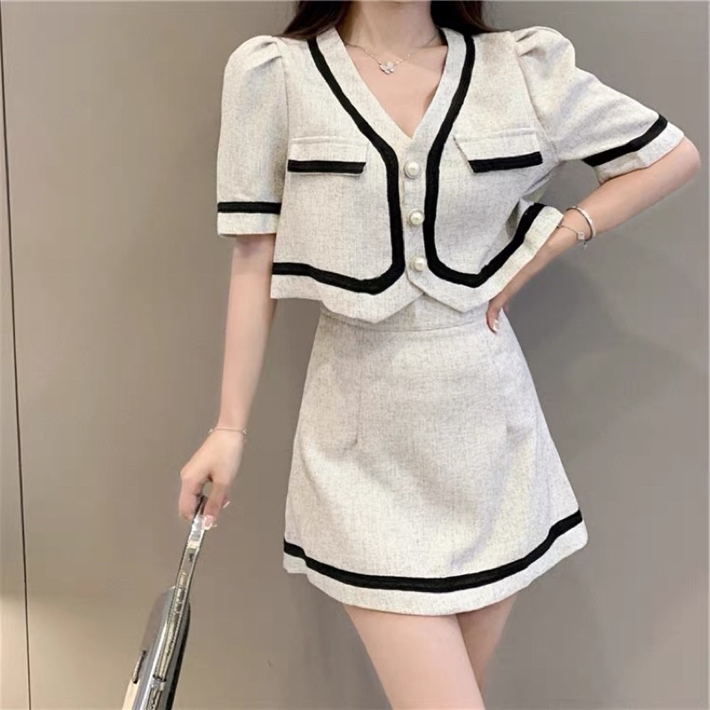 ❤️現貨在台，黑4XL，2件組(S- 5XL) 中大尺碼 大碼 氣質 名媛 小香風 洋氣 短版 上衣 小外套+短裙 套裝-細節圖2