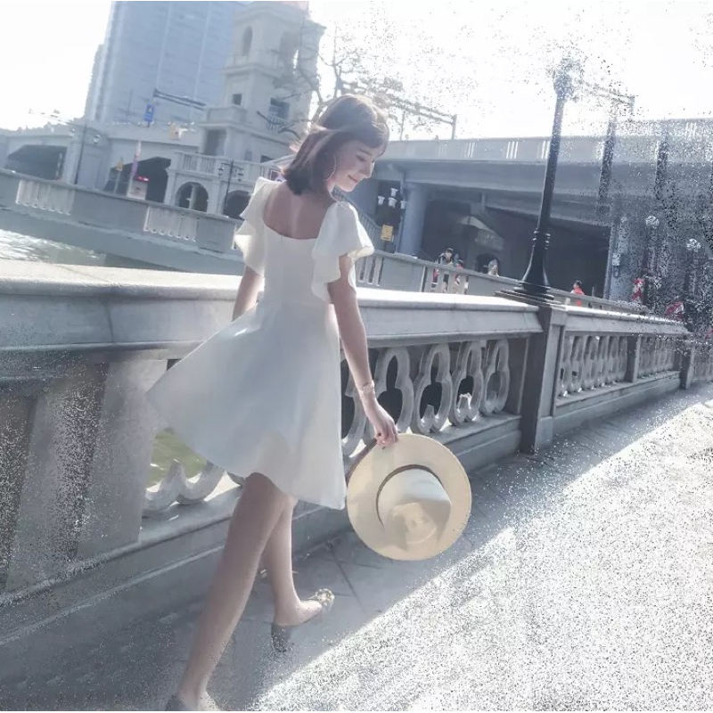 ❤️現貨在台，白S- XL 名媛 甜美 女神 氣質 修身 一字領 露肩 伴娘 洋裝 連衣裙 優雅 禮服 高質感-細節圖2