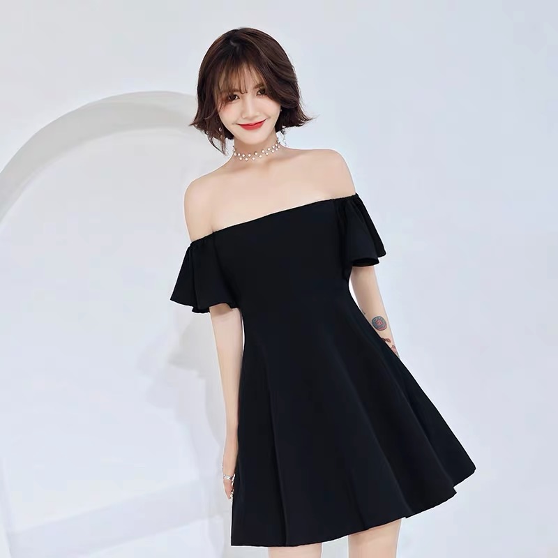 ❤️現貨在台，白S- XL 名媛 甜美 女神 氣質 修身 一字領 露肩 伴娘 洋裝 連衣裙 優雅 禮服 高質感-細節圖5