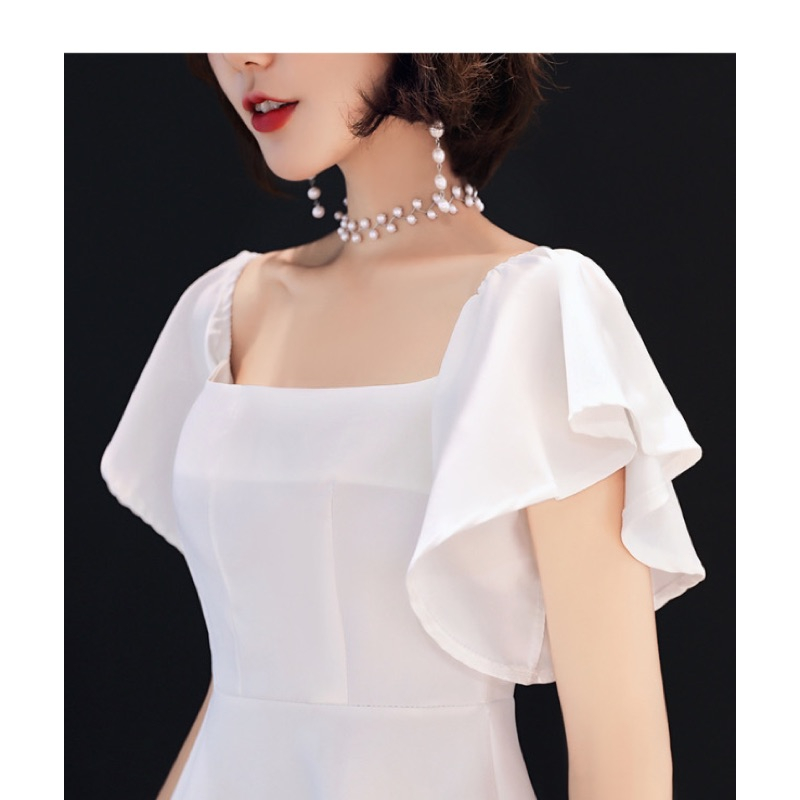 ❤️現貨在台，白S- XL 名媛 甜美 女神 氣質 修身 一字領 露肩 伴娘 洋裝 連衣裙 優雅 禮服 高質感-細節圖7