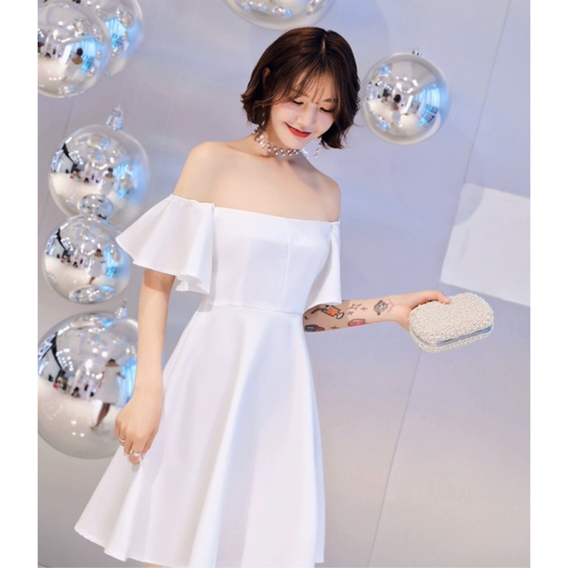 ❤️現貨在台，白S- XL 名媛 甜美 女神 氣質 修身 一字領 露肩 伴娘 洋裝 連衣裙 優雅 禮服 高質感-細節圖8