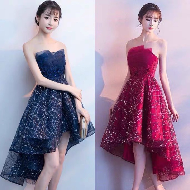 ❤️藍.白S-L 性感 前短後長 平口 禮服 宴會 氣質 伴娘 年會 主持人 星空 抹胸 生日 連衣裙 洋裝-細節圖2