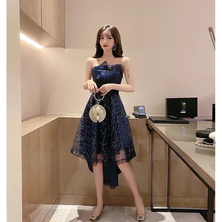 ❤️藍.白S-L 性感 前短後長 平口 禮服 宴會 氣質 伴娘 年會 主持人 星空 抹胸 生日 連衣裙 洋裝-細節圖5