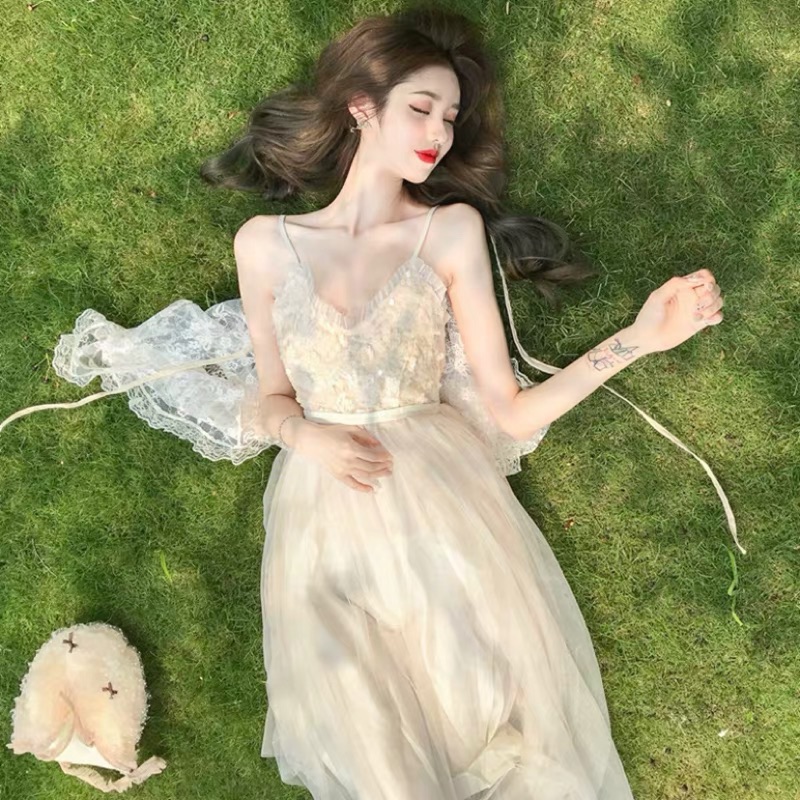 ❤️現貨在台，洋裝 仙女 性感 網紗 吊帶 連衣裙 亮片 長裙 細肩帶 禮服 或 小外套 罩衫 蕾絲 套裝-細節圖2