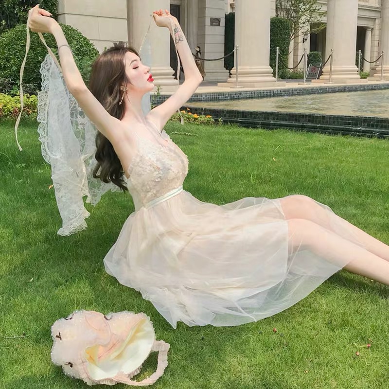 ❤️現貨在台，洋裝 仙女 性感 網紗 吊帶 連衣裙 亮片 長裙 細肩帶 禮服 或 小外套 罩衫 蕾絲 套裝-細節圖3