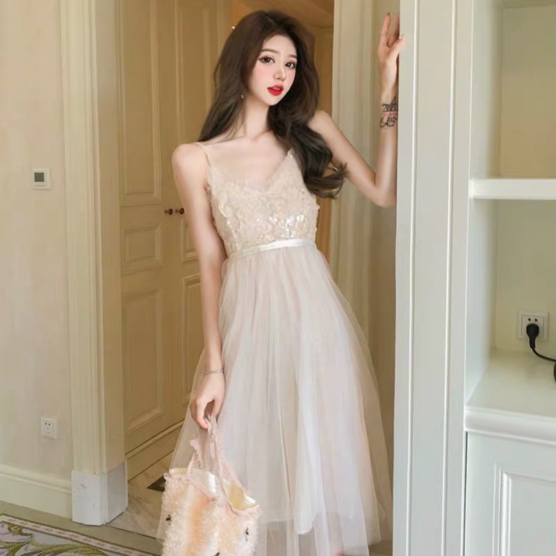 ❤️現貨在台，洋裝 仙女 性感 網紗 吊帶 連衣裙 亮片 長裙 細肩帶 禮服 或 小外套 罩衫 蕾絲 套裝-細節圖5