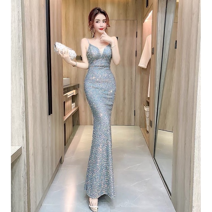 ❤️現貨在台，玫瑰金S.M.XL藍L 中大尺碼 亮片 禮服 女王 宴會 細肩帶 吊帶 氣質 魚尾 長裙 生日 高質感-細節圖3