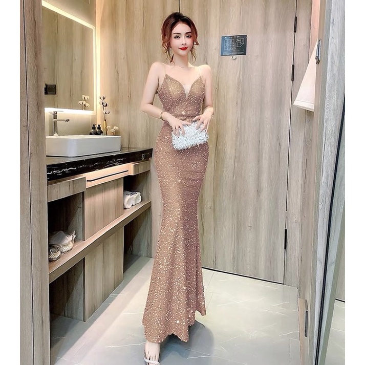 ❤️現貨在台，玫瑰金S.M.XL藍L 中大尺碼 亮片 禮服 女王 宴會 細肩帶 吊帶 氣質 魚尾 長裙 生日 高質感-細節圖4