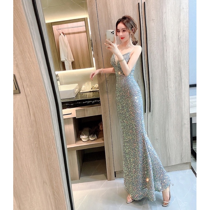 ❤️現貨在台，玫瑰金S.M.XL藍L 中大尺碼 亮片 禮服 女王 宴會 細肩帶 吊帶 氣質 魚尾 長裙 生日 高質感-細節圖6