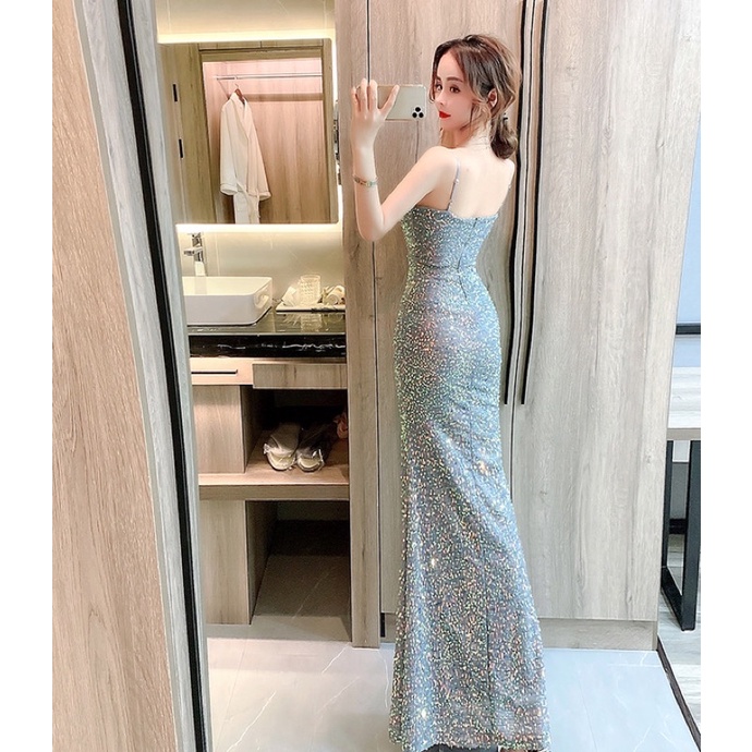 ❤️現貨在台，玫瑰金S.M.XL藍L 中大尺碼 亮片 禮服 女王 宴會 細肩帶 吊帶 氣質 魚尾 長裙 生日 高質感-細節圖7