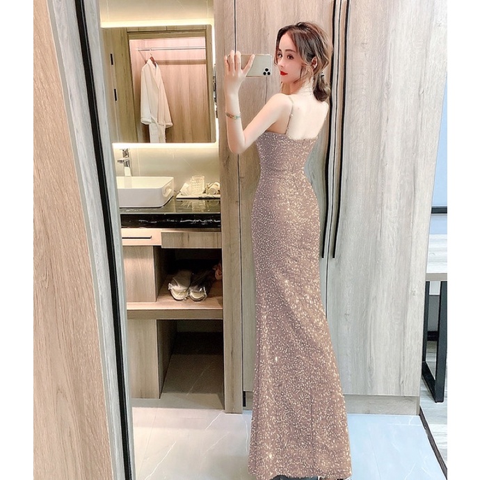 ❤️現貨在台，玫瑰金S.M.XL藍L 中大尺碼 亮片 禮服 女王 宴會 細肩帶 吊帶 氣質 魚尾 長裙 生日 高質感-細節圖8