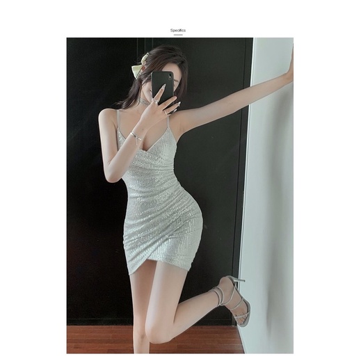 ❤️銀白S- L 性感 夜店 女神 亮片 珠片 短裙 深V v領 吊帶 包臀 連衣裙 洋裝 表演 禮服-細節圖3