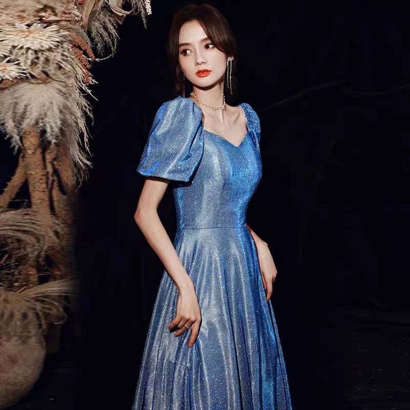 ❤️現貨在台，藍L紅XL(XS-2XL) 星空 亮粉 亮片 伴娘 氣質 年會 顯瘦 主持 宴會 優雅 長裙 洋裝 禮服-細節圖4