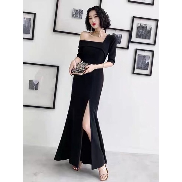 ❤️現貨在台，黑.大紅S- 2XL 中大尺碼 晚宴 高貴 女王 魚尾 主持人 開叉 敬酒服 氣質 長裙 婚宴 尾牙 禮服-細節圖2