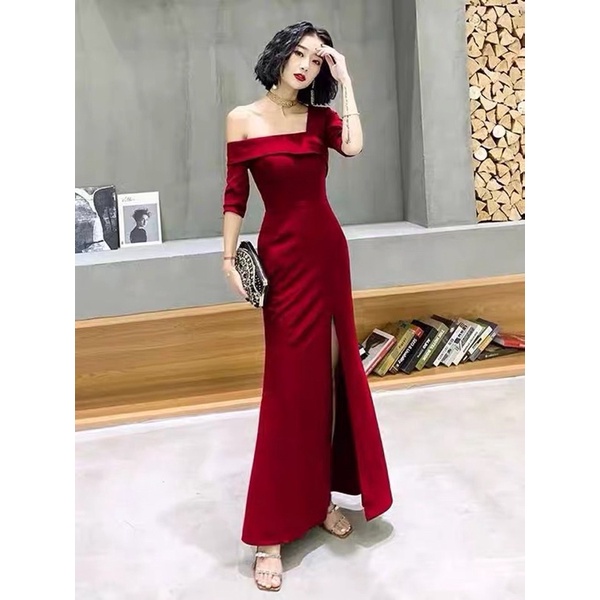 ❤️現貨在台，黑.大紅S- 2XL 中大尺碼 晚宴 高貴 女王 魚尾 主持人 開叉 敬酒服 氣質 長裙 婚宴 尾牙 禮服-細節圖3