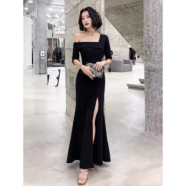 ❤️現貨在台，黑.大紅S- 2XL 中大尺碼 晚宴 高貴 女王 魚尾 主持人 開叉 敬酒服 氣質 長裙 婚宴 尾牙 禮服-細節圖5