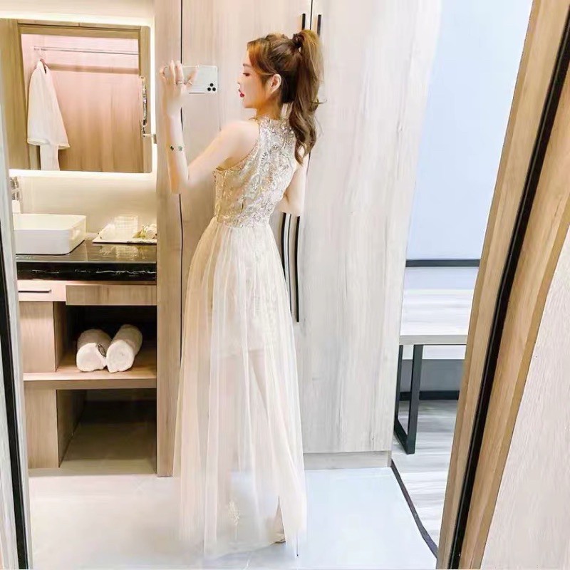 ❤️香檳金S- XL 禮服 包臀 氣質 名媛 性感 削肩 露肩 收腰 顯瘦 亮片 網紗 連衣裙 長裙-細節圖5