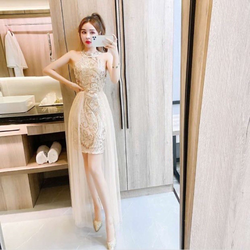 ❤️香檳金S- XL 禮服 包臀 氣質 名媛 性感 削肩 露肩 收腰 顯瘦 亮片 網紗 連衣裙 長裙-細節圖6