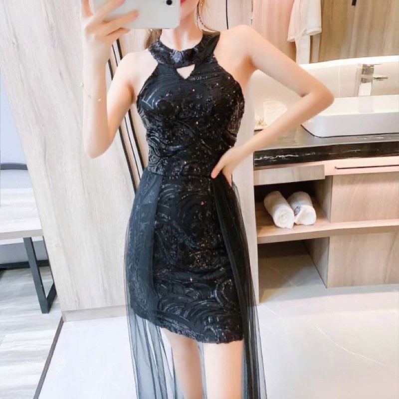 ❤️香檳金S- XL 禮服 包臀 氣質 名媛 性感 削肩 露肩 收腰 顯瘦 亮片 網紗 連衣裙 長裙-細節圖8